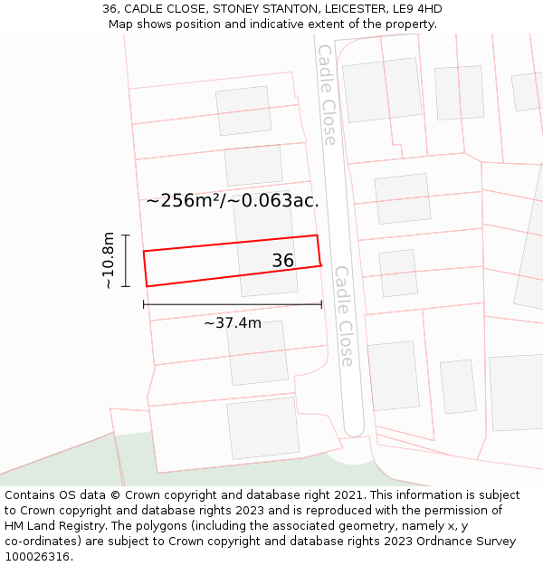 36, CADLE CLOSE, STONEY STANTON, LEICESTER, LE9 4HD: Plot and title map