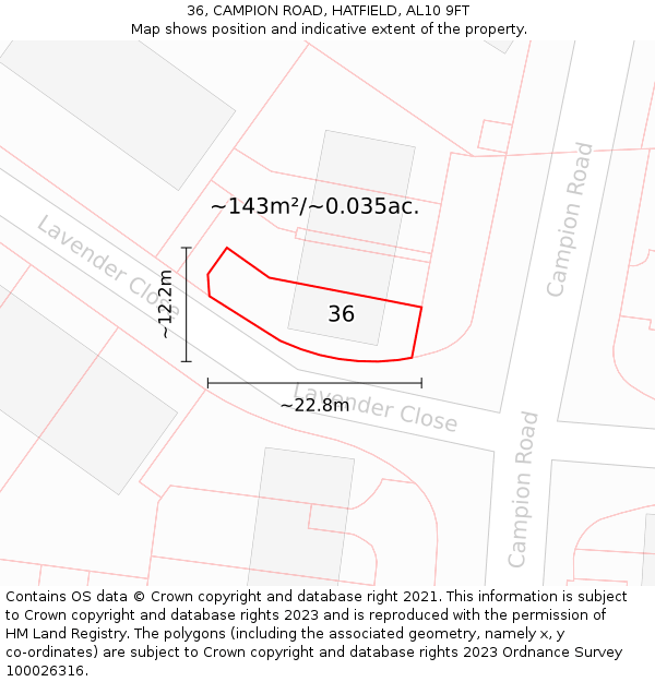 36, CAMPION ROAD, HATFIELD, AL10 9FT: Plot and title map