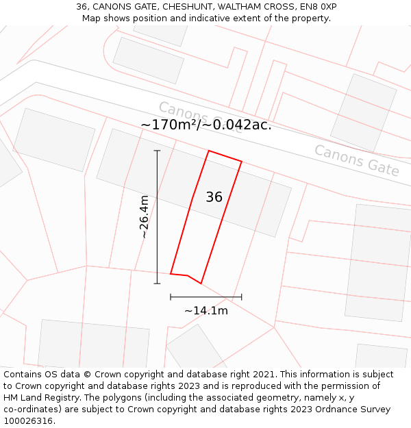 36, CANONS GATE, CHESHUNT, WALTHAM CROSS, EN8 0XP: Plot and title map