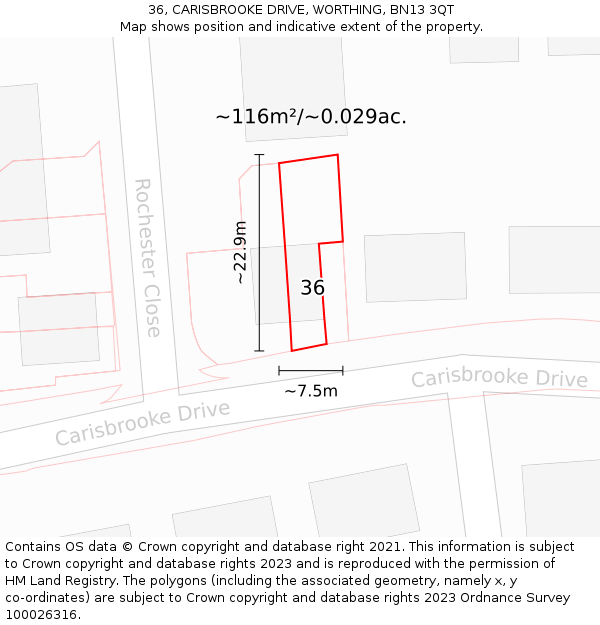 36, CARISBROOKE DRIVE, WORTHING, BN13 3QT: Plot and title map