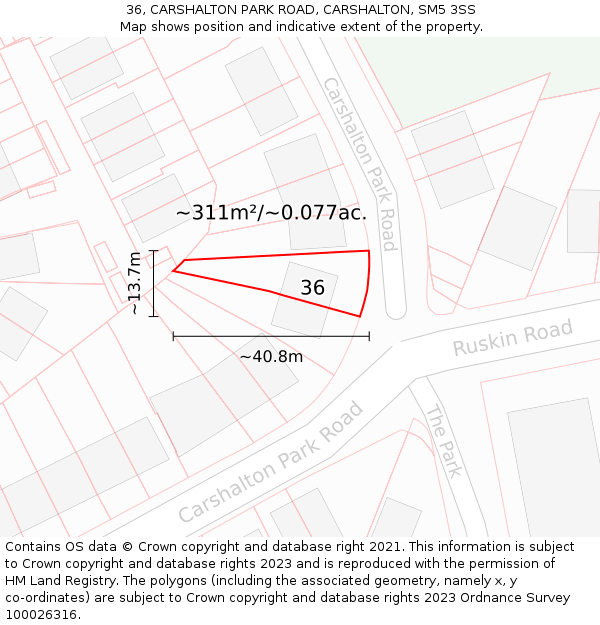 36, CARSHALTON PARK ROAD, CARSHALTON, SM5 3SS: Plot and title map