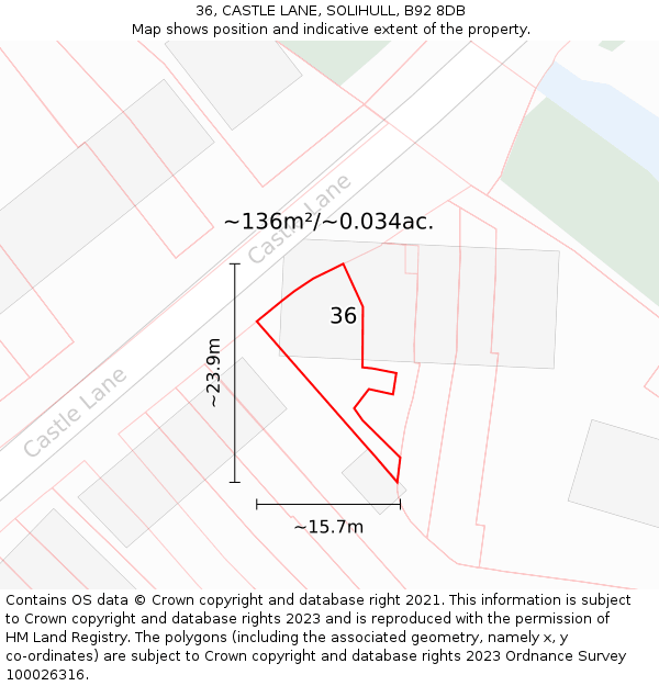 36, CASTLE LANE, SOLIHULL, B92 8DB: Plot and title map