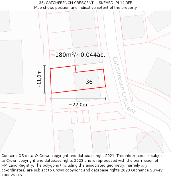 36, CATCHFRENCH CRESCENT, LISKEARD, PL14 3FB: Plot and title map