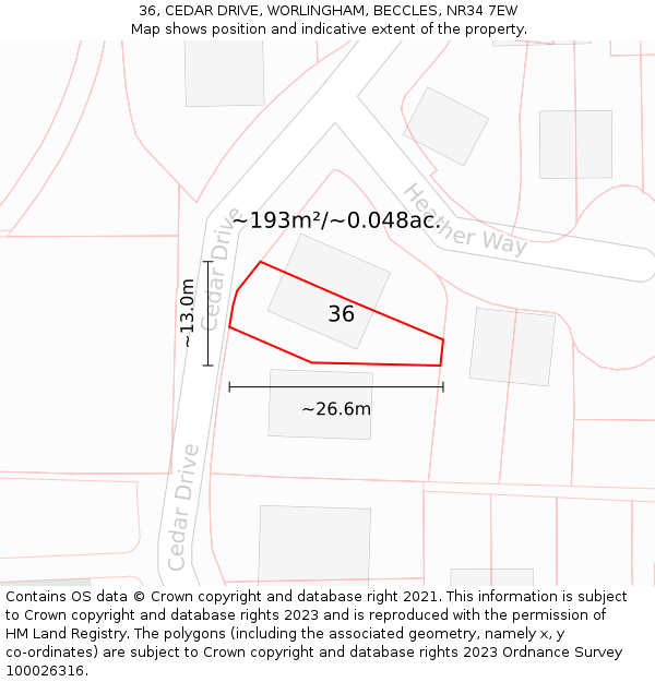 36, CEDAR DRIVE, WORLINGHAM, BECCLES, NR34 7EW: Plot and title map