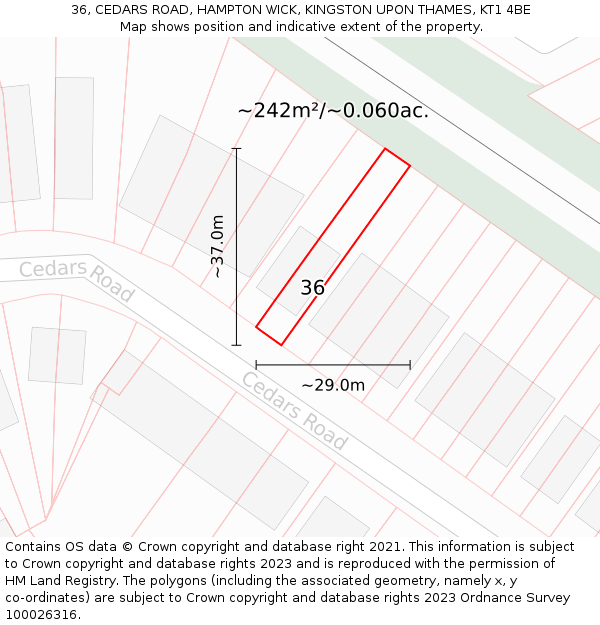 36, CEDARS ROAD, HAMPTON WICK, KINGSTON UPON THAMES, KT1 4BE: Plot and title map