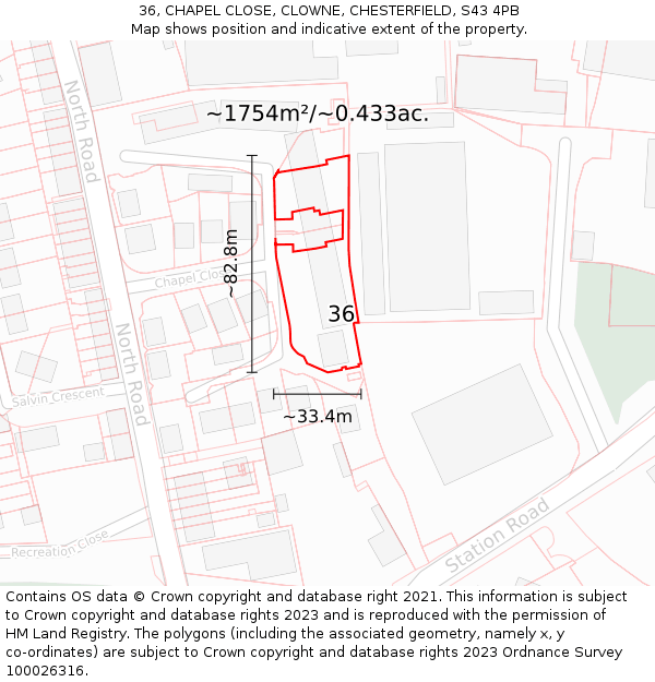 36, CHAPEL CLOSE, CLOWNE, CHESTERFIELD, S43 4PB: Plot and title map