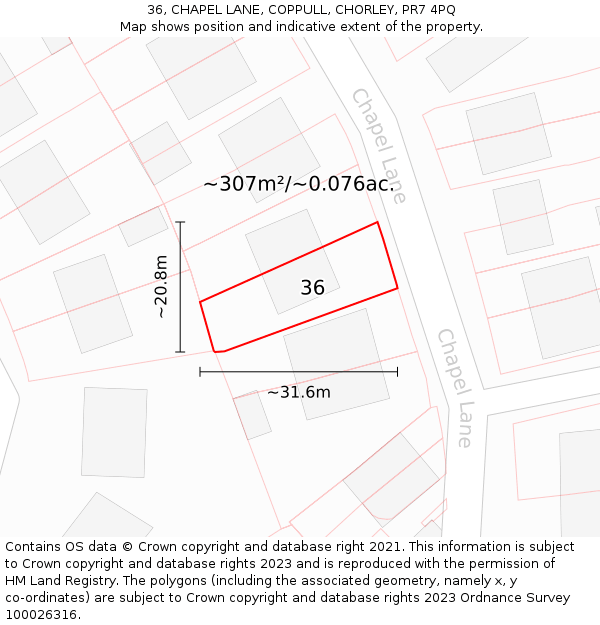 36, CHAPEL LANE, COPPULL, CHORLEY, PR7 4PQ: Plot and title map