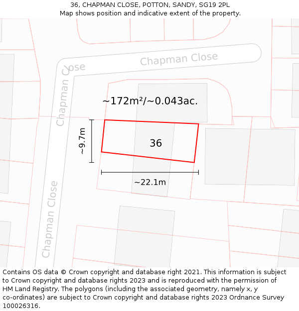 36, CHAPMAN CLOSE, POTTON, SANDY, SG19 2PL: Plot and title map