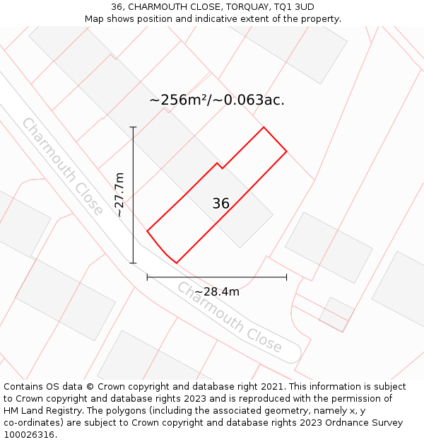 36, CHARMOUTH CLOSE, TORQUAY, TQ1 3UD: Plot and title map
