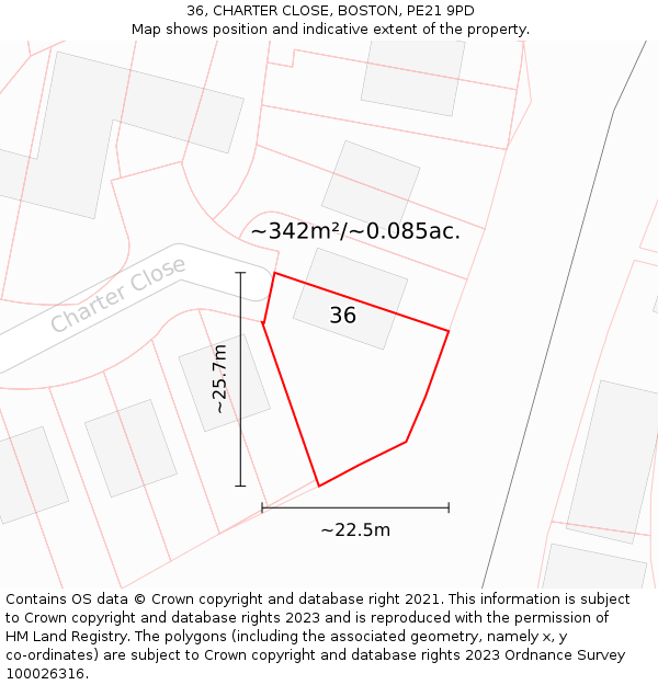 36, CHARTER CLOSE, BOSTON, PE21 9PD: Plot and title map
