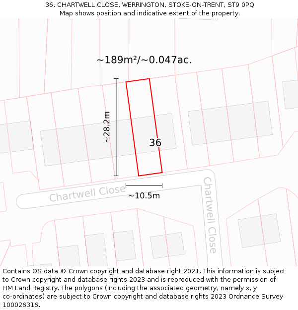 36, CHARTWELL CLOSE, WERRINGTON, STOKE-ON-TRENT, ST9 0PQ: Plot and title map