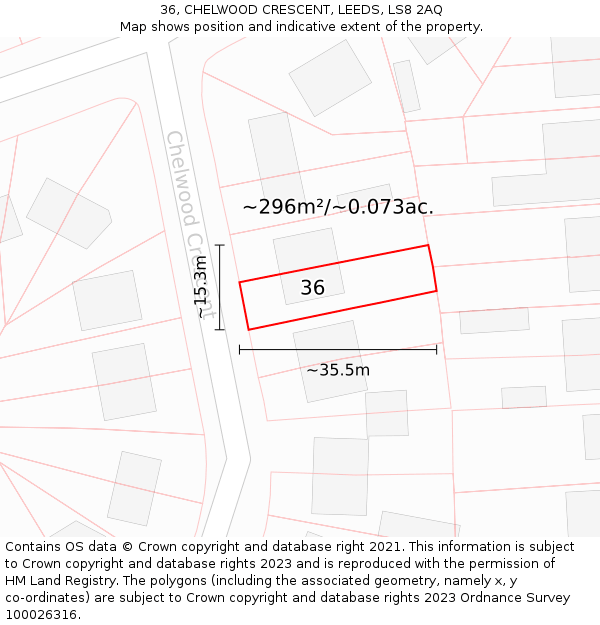 36, CHELWOOD CRESCENT, LEEDS, LS8 2AQ: Plot and title map
