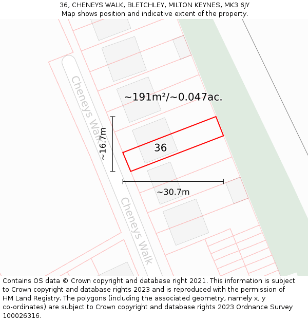 36, CHENEYS WALK, BLETCHLEY, MILTON KEYNES, MK3 6JY: Plot and title map