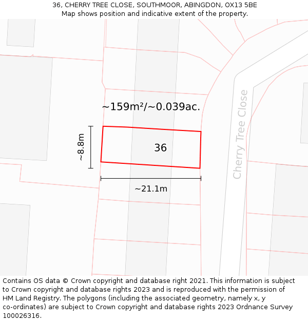 36, CHERRY TREE CLOSE, SOUTHMOOR, ABINGDON, OX13 5BE: Plot and title map