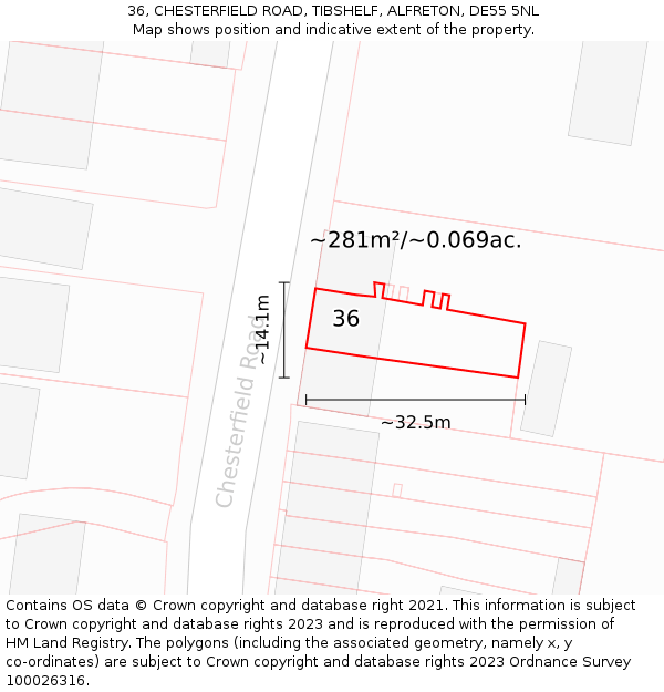 36, CHESTERFIELD ROAD, TIBSHELF, ALFRETON, DE55 5NL: Plot and title map
