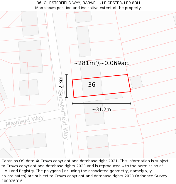 36, CHESTERFIELD WAY, BARWELL, LEICESTER, LE9 8BH: Plot and title map
