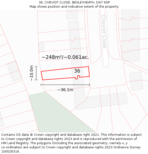 36, CHEVIOT CLOSE, BEXLEYHEATH, DA7 6SP: Plot and title map