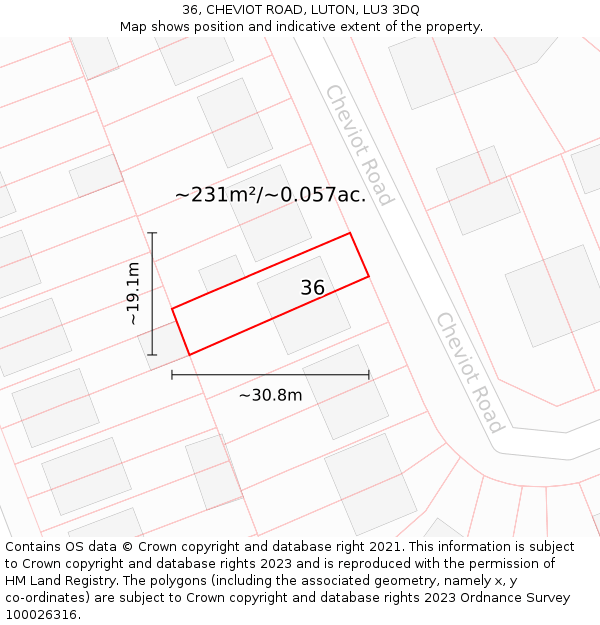 36, CHEVIOT ROAD, LUTON, LU3 3DQ: Plot and title map