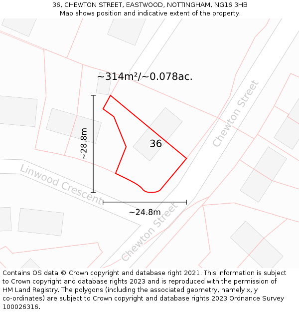 36, CHEWTON STREET, EASTWOOD, NOTTINGHAM, NG16 3HB: Plot and title map