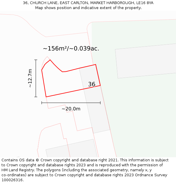 36, CHURCH LANE, EAST CARLTON, MARKET HARBOROUGH, LE16 8YA: Plot and title map