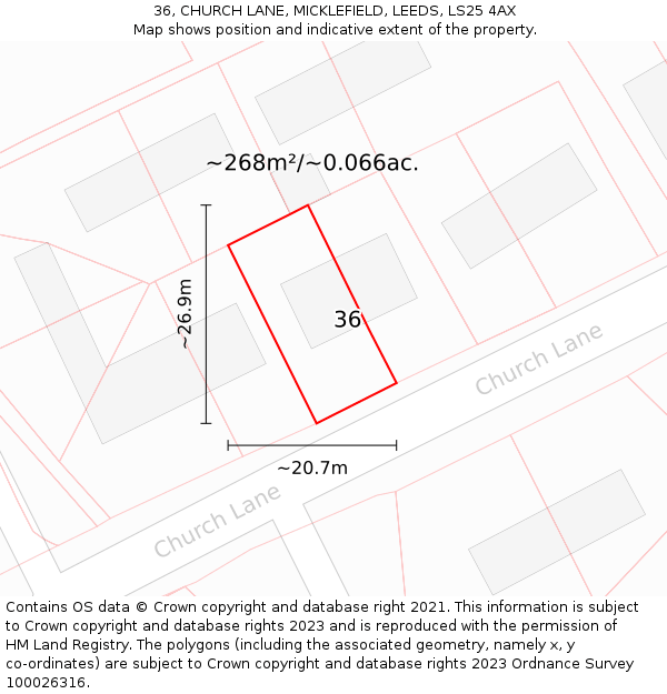 36, CHURCH LANE, MICKLEFIELD, LEEDS, LS25 4AX: Plot and title map