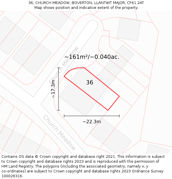 36, CHURCH MEADOW, BOVERTON, LLANTWIT MAJOR, CF61 2AT: Plot and title map
