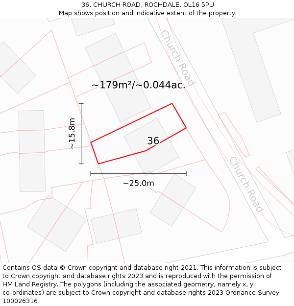36, CHURCH ROAD, ROCHDALE, OL16 5PU: Plot and title map