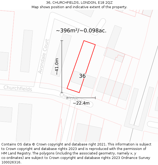 36, CHURCHFIELDS, LONDON, E18 2QZ: Plot and title map
