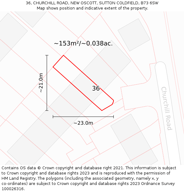 36, CHURCHILL ROAD, NEW OSCOTT, SUTTON COLDFIELD, B73 6SW: Plot and title map