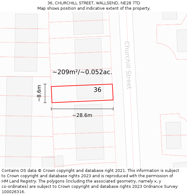 36, CHURCHILL STREET, WALLSEND, NE28 7TD: Plot and title map