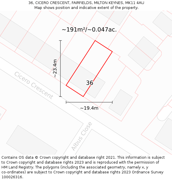 36, CICERO CRESCENT, FAIRFIELDS, MILTON KEYNES, MK11 4AU: Plot and title map