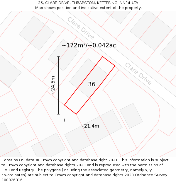 36, CLARE DRIVE, THRAPSTON, KETTERING, NN14 4TA: Plot and title map