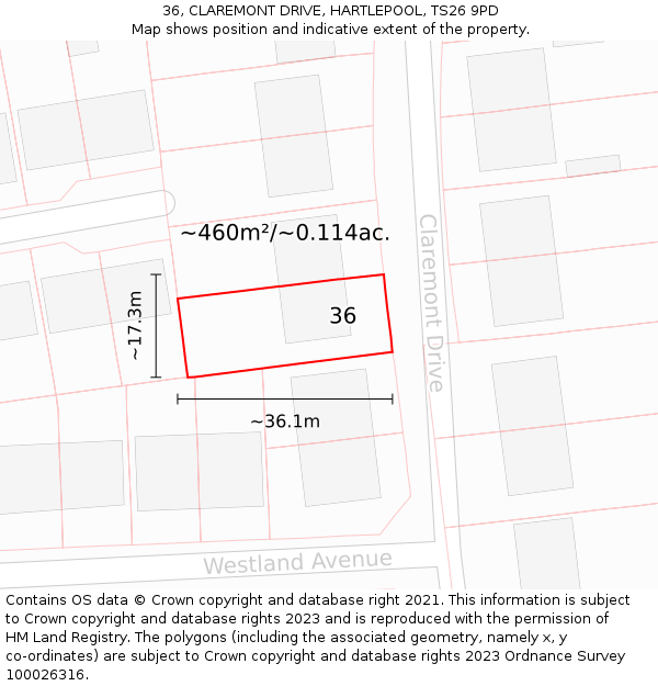 36, CLAREMONT DRIVE, HARTLEPOOL, TS26 9PD: Plot and title map