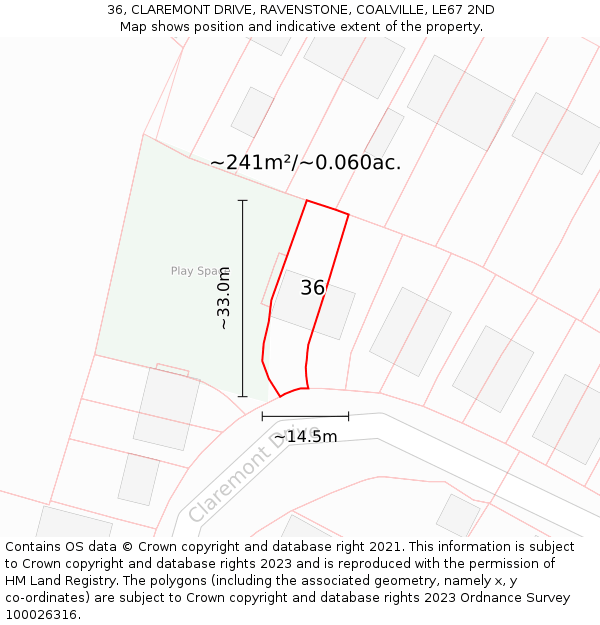36, CLAREMONT DRIVE, RAVENSTONE, COALVILLE, LE67 2ND: Plot and title map