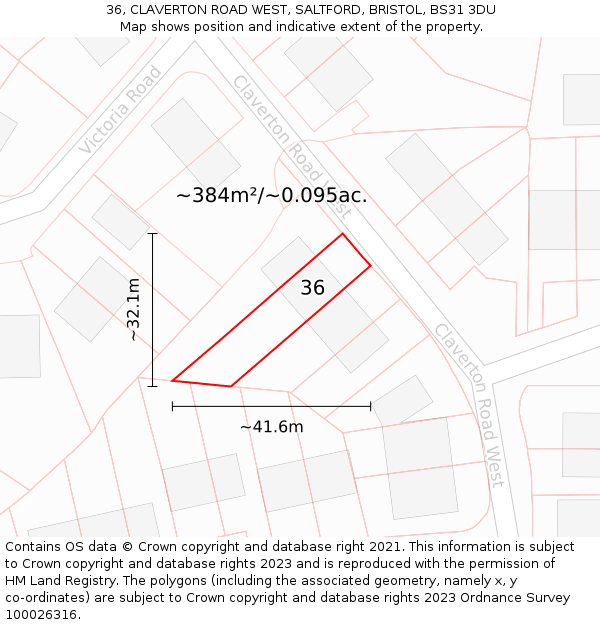 36, CLAVERTON ROAD WEST, SALTFORD, BRISTOL, BS31 3DU: Plot and title map