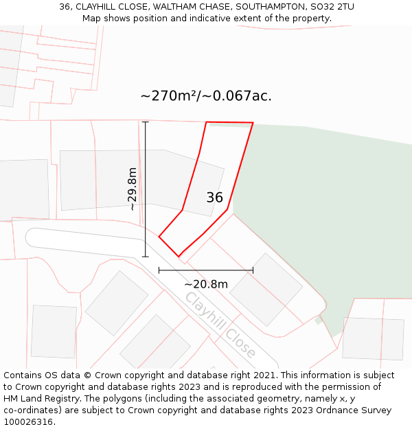 36, CLAYHILL CLOSE, WALTHAM CHASE, SOUTHAMPTON, SO32 2TU: Plot and title map