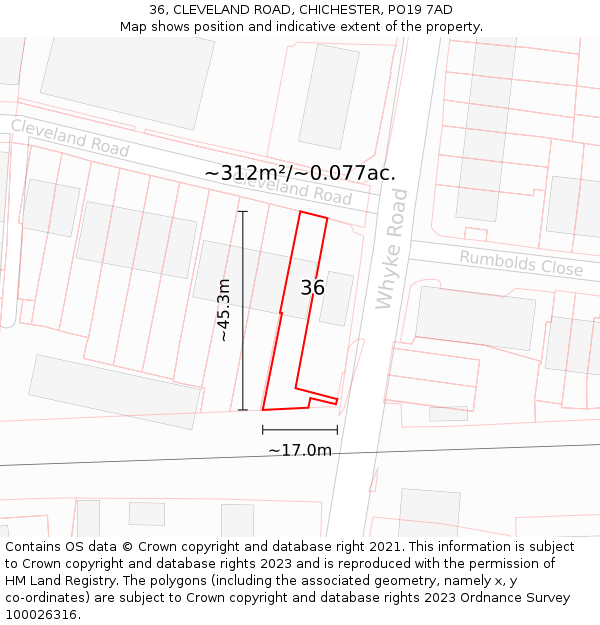 36, CLEVELAND ROAD, CHICHESTER, PO19 7AD: Plot and title map