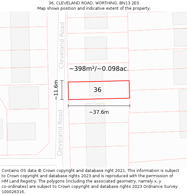 36, CLEVELAND ROAD, WORTHING, BN13 2ES: Plot and title map