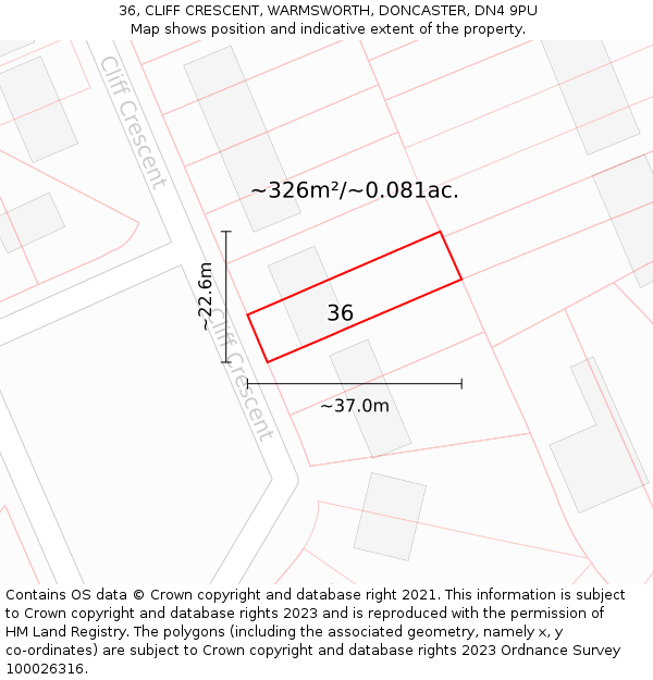 36, CLIFF CRESCENT, WARMSWORTH, DONCASTER, DN4 9PU: Plot and title map