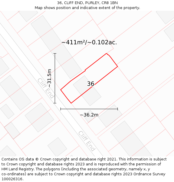 36, CLIFF END, PURLEY, CR8 1BN: Plot and title map