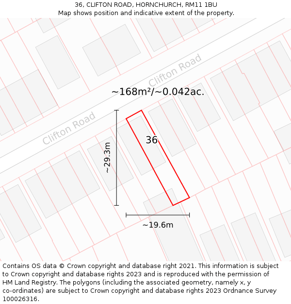 36, CLIFTON ROAD, HORNCHURCH, RM11 1BU: Plot and title map