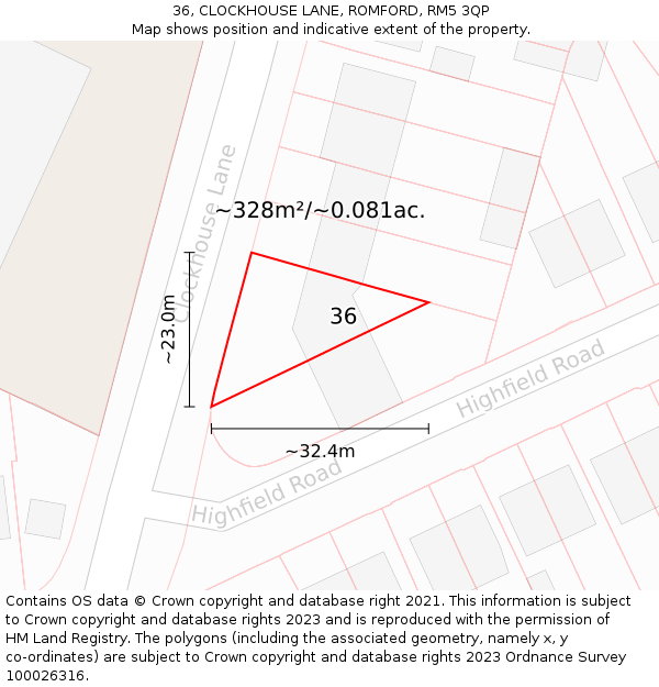 36, CLOCKHOUSE LANE, ROMFORD, RM5 3QP: Plot and title map