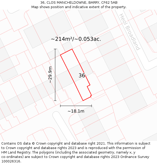 36, CLOS MANCHELDOWNE, BARRY, CF62 5AB: Plot and title map