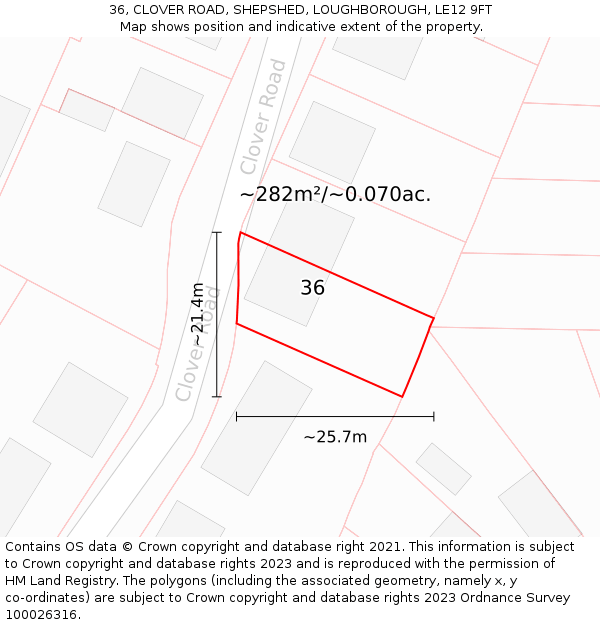 36, CLOVER ROAD, SHEPSHED, LOUGHBOROUGH, LE12 9FT: Plot and title map