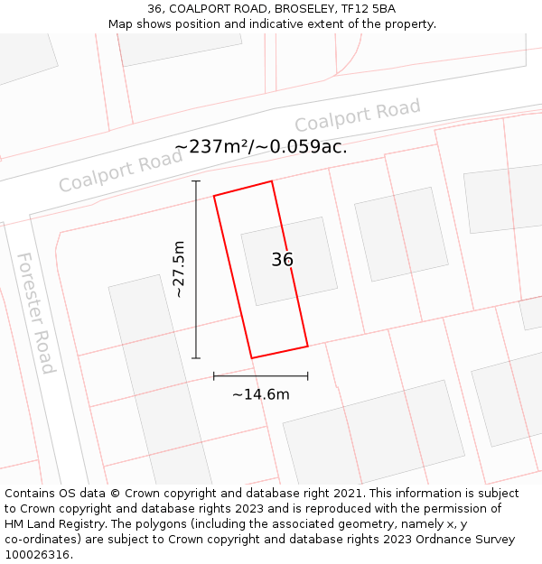 36, COALPORT ROAD, BROSELEY, TF12 5BA: Plot and title map