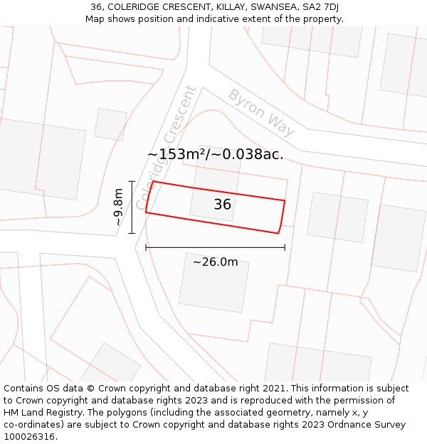 36, COLERIDGE CRESCENT, KILLAY, SWANSEA, SA2 7DJ: Plot and title map