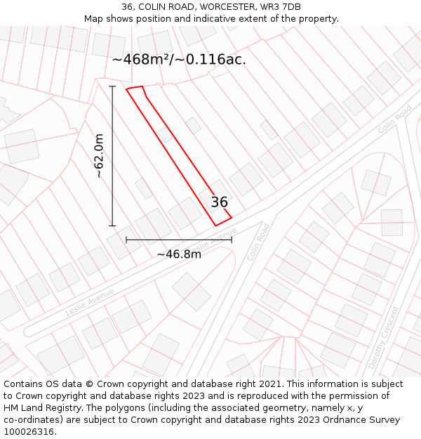 36, COLIN ROAD, WORCESTER, WR3 7DB: Plot and title map