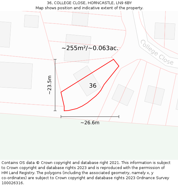 36, COLLEGE CLOSE, HORNCASTLE, LN9 6BY: Plot and title map