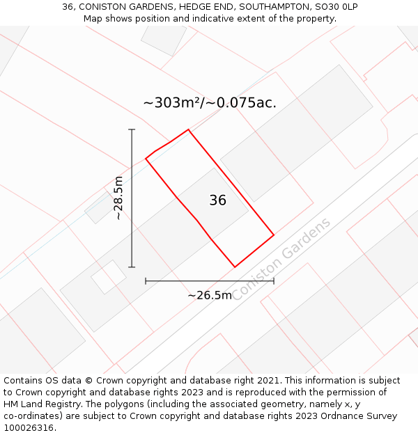 36, CONISTON GARDENS, HEDGE END, SOUTHAMPTON, SO30 0LP: Plot and title map