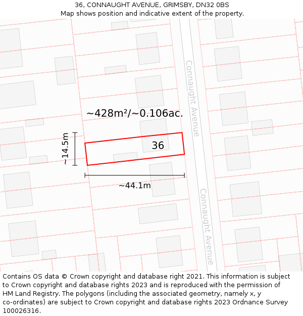 36, CONNAUGHT AVENUE, GRIMSBY, DN32 0BS: Plot and title map